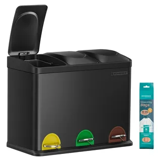 Abfalleimer zur Mülltrennung - Treteimer 3 Fächer 3x15 l - Rechteckig - Fußpedal - Mit Deckel - Kunststoff - Schwarz - Schwarz