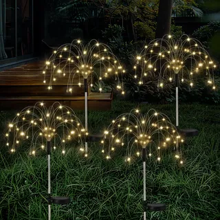 Lewondr Feuerwerk Solar Gartenleuchten, 120 LED Feuerwerkslichter mit 8 Beleuchtungsmodi 4 Stück, Wasserdicht Solarstecker Solarleuchten Gartenlichter für Außen Weg Terrasse Gartendeko, Warmes Licht