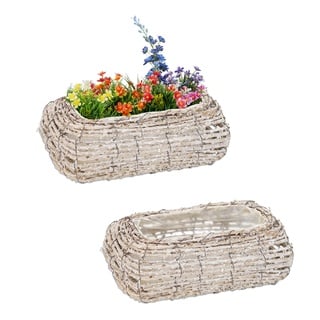 Relaxdays Blumentopf, 2er Set, Rattan, Pflanzentöpfe mit Folie, HBT: 10 x 25 x 15 cm, Pflanzkörbe für innen, weiß/Natur