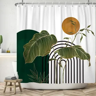Boho Duschvorhang 180x180 cm, ASDCXZ Modern Abstrakt Kunst Grün Gold Tropisch Blätter Sonne Weiß Bad Waschbar Duschvorhänge Polyester Textil Wasserdicht Badevorhang für Badewanne mit 12 Haken