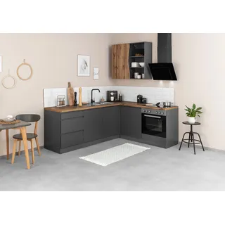 Winkelküche KOCHSTATION "KS-Bruneck", küche: grau, front: wotaneiche, grau matt, korpus: grau matt, arbeitsplatte: wotaneichfarben, B:240cm H:200cm T:180cm, Komplettküchen-Sets, Winkelküche, Stellbreite 240/180 cm breit, wahlweise mit oder ohne E-Geräte, MDF