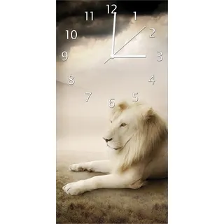 Wallario Design Wanduhr Stattlicher ruhender Löwe in Afrika in Sepiafarben aus Echtglas, Größe 30 x 60 cm - Braun