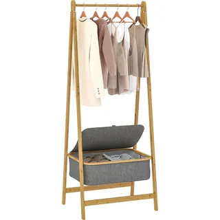 Kleiderständer - Bambus - Klappbar - Wäschekorb aus Stoff mit Deckel - 60 x 44,5 x 157,5 cm - Grau