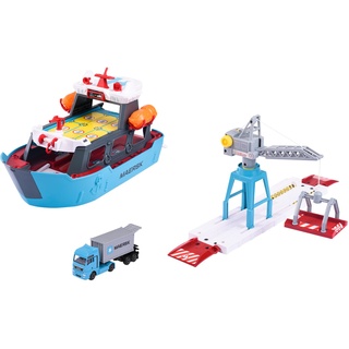 MAJORETTE - Creatix Spielzeug-Hafen mit Container-Schiff - Maersk Logistik Hafenstation (45x29x24 cm) mit Frachtschiff, beweglichem Kran und Man Truck mit Container, für Kinder ab 5 Jahre