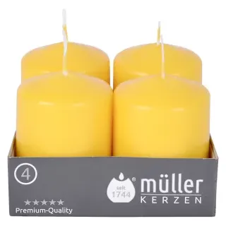 Müller Kerzen Stumpenkerze, goldgelb, Hochwertige Stumpenkerze mit gleichmäßigem Abbrand, 1 Packung = 4 Stück, (Ø x H): 48 x 62 mm