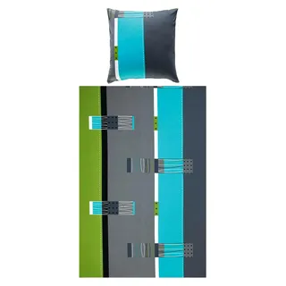 Bettwäsche, Bettgarnitur, Kissenbezug Mako-Jersey grün-blau-grau Größe 80x80 cm / 135x200 cm - bügelfrei, einlaufsicher, mit Reißverschluss