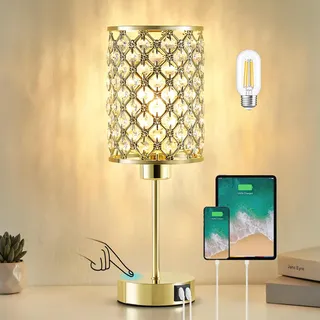 GyroVu Kristall Tischlampe & Nachttischlampe, Dimmbare Kristallschirm Touch-Lampe mit USB A+C Ports, Gold Kleine Beleuchtung für Wohnzimmer & Schlafzimmer (Buld Enthalten)