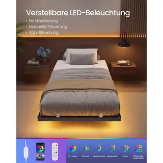 VASAGLE Bettgestell 90 x 200 cm mit LED-Beleuchtung, USB-C-Anschluss, Steckdosenleiste, Schlafzimmer, trägt bis 250 kg, schwarz - Schwarz