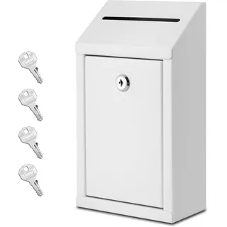 EIENHOSHI Spendenbox aus Metall mit Schloss, Wandmontage, Vorschlagsbox mit 4 Eisenschlüsseln, Weiß, Geldkassette mit Schlitz, 1 Stück