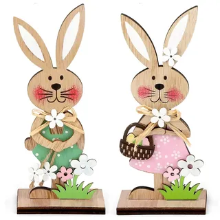 CYMYGS 2 Stück Osterhase aus Holz,Osterhasen Deko zum Hinstellen, Painted Rabbit Sculpture, Osterdeko Hasen Osterhasen Holz zum Hinstellen, Osterhase Deko Osterdeko für Draußen Tischdeko Garten Deko