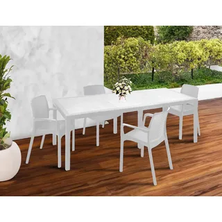 Dmora - Loungeset für draußen Manarola, ausziehbares Outdoor-Tisch mit 4 Stühlen, Gartentisch und Sitzgelegenheiten in Rattan-Optik, 100% Made in Italy, Weiß