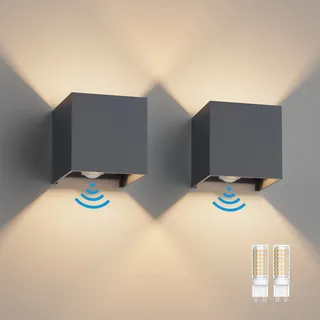 Klighten 2 Stück LED Wandleuchte mit Bewegungsmelder Innen/Außen 3000K Außenlampe mit Bewegungsmelder Wandlampe Einstellbar Abstrahlwinkel, mit Austauschbarer G9 LED Lampe (Anthrazit)