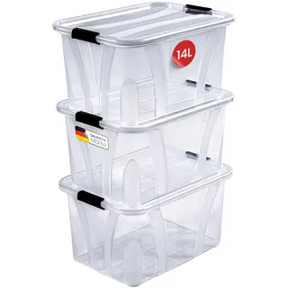 KONZEPT Aufbewahrungsbox mit Deckel 3er-Set, 14 L, verstärkt & stapelbar | Mit verstärktem Boden, robusten Verschlussclips & profiliertem Deckel – 38,5 × 25,4 × 18,5 cm, leer ineinanderstellbar