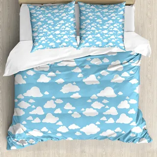 ABAKUHAUS Blau Bettbezug Set, Klares Sommer-Himmel-Muster mit Wolken punktierte Hintergrund-Karikatur-Art scherzt Design, 155 x 220 cm + 80 x 80 cm, Sky Blue Weiß
