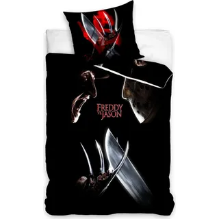 Baumwollbettwäsche Freddy versus Jason - Schwarz, Rot, Blau