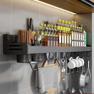 COITROZR 60cm Gewürzregal,Küchenregal Wand ohne Bohren,Gewürzregal Hängend Mit 10 Haken & 2 Hängebecher Anhebbares,Küchen Organizer Wandregal Regal,küchenutensilienhalter,60cm Schwarz