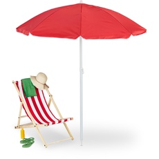 Relaxdays Sonnenschirm, Ø 160 cm, knickbar, höhenverstellbar, UV-Schutz, Strandschirm mit Tasche, Strand & Balkon, rot