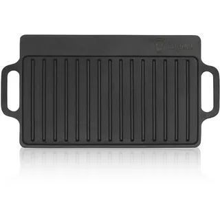 BBQ-Toro Gusseisen Grillplatte mit Griffen | 40 x 20,5 cm | Grillpfanne, beidseitig verwendbar | Rechteckig, Universal und Massiv | Grillblech für Holzkohle und Gas, Grillzubehör, Grillschale