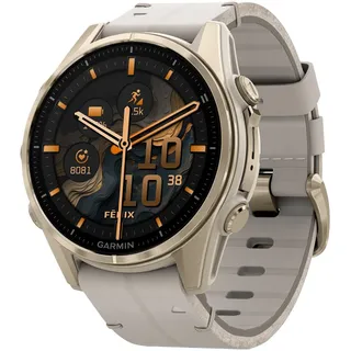 fenix 8 AMOLED 43 mm Sapphire, Nebelgrau/Softgold mit QuickFit-Leder-Armband 20 mm Kalkstein