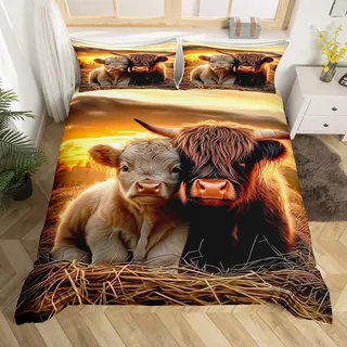 Homewish Highland Kuh Bettwäsche Set 200x200 Bauernhof Tiertröster Sonnenuntergang Landschaft Bettbezug für Frauen Rustikale Famhouse Stil Bettwäsche für Kinder Teenager Mädchen Bett Set