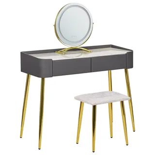 BELIANI Schminktisch Grau und Gold MDF-Platte mit Metallbeinen Rundem LED-Spiegel 2 Schubladen Hocker Glamour für Erwachsene Schlafzimmer Jugendzimmer - Grau, Gold, Weiß