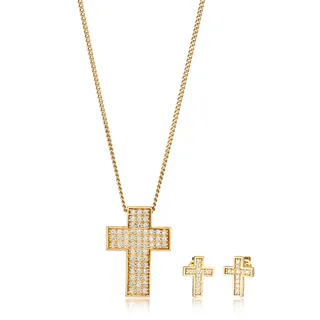 Elli Ohrring und Ketten Set »Schmuckset Kette Ohrstecker Kreuz Zirkonia Weiß 925 Sterling Silber« (), goldfarben
