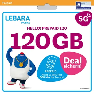 LEBARA Prepaid SIM-Karte mit Hello! 120 Prepaid Tarif ohne Vertrag | Allnet Flat Telefonie & SMS, 120 GB Datenvolumen inkl. 5G und 500 Frei-Min. ins Ausland...