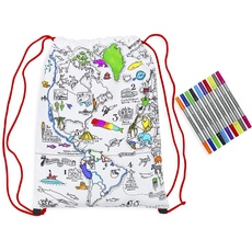 eatsleepdoodle Weltkarte-Rucksack zum Ausmalen, waschbar und wiederverwendbar, inkl. 10 auswaschbare Stifte, spielerisches Lernen, 34x45cm, 100% Baumwolle