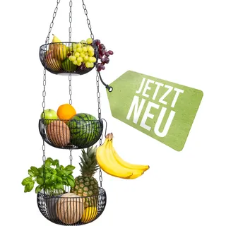BS Obstkorb hängend – hochwertiger Hängekorb im modernen Stil Aufbewahrung Obst und Gemüse – Obstschale – Kräuterampel – Etagere – Brotkorb – Deko für Küche Haushalt inkl 2 Haken (Farbe: Schwarz)