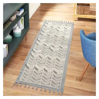 Carpet City Teppich Läufer Boho Flur - Creme, Graublau - 80x300 cm - Geometrisches Muster - Relief-Optik, 3D-Effekt - Cut-&Loop, Sisal - Moderne Fransen-Teppiche Schlafzimmer
