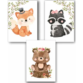 Manschin-Laserdesign 3er Set Wandbilder Kinderzimmer Poster | Din A3 & Din A4 | Babyzimmer Deko Mädchen Jungen Bilder Dekoration Aquarell Waldtiere skandinavisch (P1007)