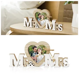 Mr & Mrs Deko Hochzeit Hochzeitsdeko mit Herz Fotorahmen, 25x10.5x1.5cm | Tischdeko Hochzeit Vintage, Buchstaben Deko Holz für Wohnkultur, Brautpaar Geschenke, Verlobung, Gartenparty, Zeremonie