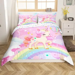 Einhorn Mädchen Bettwäsche Mädchen 135x200cm Rosa Einhorn Regenbogen Bettbezug Kinder Kawaii Nette Cartoon Pferd Bettwäsche Set Galaxy Sterne Magische Tier Zimmer Dekor Bettwäsche mit 1 Kissenbezug