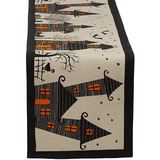 DII Halloween-Party-Tischdekoration Wiederverwendbarer und maschinenwaschbarer Baumwollstoff, Baumwolle, Gruseliges Spukhaus, Table Runner, 14x72