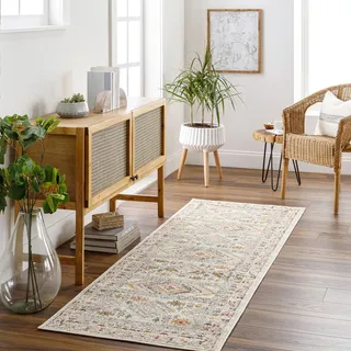 Livabliss Dublin Vintage groß - Wohnzimmer 80x220 cm, Esszimmer, Schlafzimmer, Orientalischer e Boho Style - Carpet Living Room, Bunter Muster, Elfenbein, Rosa und Grau