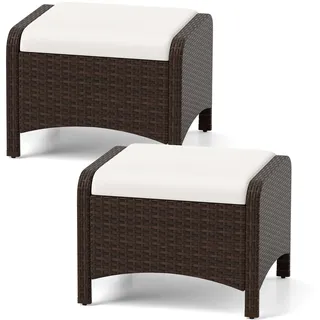 FANTASK 2X Gartenhocker mit Kissen Sitzhocker Fußhocker, Gartenmöbel Outdoor Rattanhocker, Rattanhocker wetterfest, Sitzhocker Terrasse für Garten, Balkon, Terrasse (Weiß)