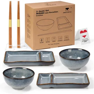 Urban Lifestyle Sushi Set für 2 Personen MISAKI Sushi Geschirr Set im japanischen Stil aus Steinzeug, 2 Sushi Teller mit Sojasaucen Fach, 2 Miso Schalen, 2 Paar Essstäbchen, Graublau