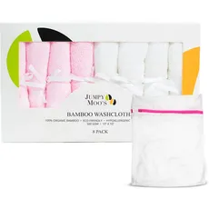 JM Bambus Baby Waschlappen, 8 Stück - Waschlappen Kinder Set, 25x25cm - Weiche Baby Gesichtstücher Für Sensible Haut - Baby Waschlappen mit ein Wäschesack (Rosa & Weiß)