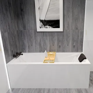 Badewanne Rechteck 120x70 mit Ablaufgarnitur und Füßen GRATIS + Verkleidung (AcrylSchürze) + Bambus Holzablage + Kopfstütze in Schwarz | BADLAND MODERN