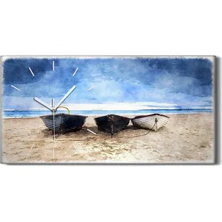Dekor Leinwand Uhr Wandbilder Geräuschlos 60x30 Boote Wasser Himmel Strand - weiße Hände - Blau