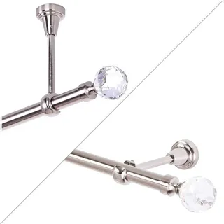 MDEKOR Gardinenstange 360 cm 1-läufig, Edelstahl-Look Vorhangstange 19mm mit Kristallkugel für Wandmontage- oder Deckenmontage