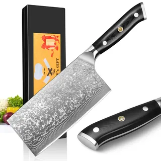 Home Safety Damastmesser Fleischmesser - Damast Chinesisches Hackmesser 17.5 cm Klinge aus 67 Schichten Damaszenerstahl mit G10-Griff - Scharf & Ausbalanciert