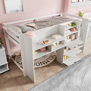 Flieks Etagenbett 90x200cm mit Schreibtisch und Schrank, Kinderbett Hochbett mit Rausfallschutz und Lattenrost, Einzelbett Weiß - Weiß