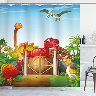 ABAKUHAUS Dino Duschvorhang, Cartoon-Dinosaurier in Park, Stoffliches Gewebe Badezimmerdekorationsset mit Haken, 175 x 180 cm, Blau Orange Grün