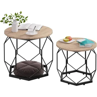 Woltu Couchtisch 2er Set, mit runder Tischplatte, aus Holzwerkstoff Metall, Holzoptik : Helle Eiche + Schwarz Farbe: Helle Eiche + Schwarz - Hellbraun