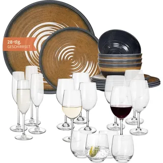 Melamin Camping Geschirr Set 4 Personen Stone Curry + 16 Tiamo Gläser Wassergläser Weingläser Champagner-Gläser Flûtes Tafelgeschirr Picknick BBQ Kochgeschirr
