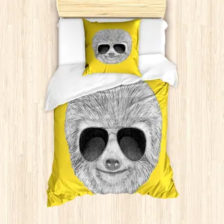 ABAKUHAUS Faultier Mantele, Hipster-Dschungel-Tier, Milbensicher Allergiker geeignet mit Kissenbezügen, 135 cm x 200 cm - 80 x 80 cm, gelb Grau - Grau