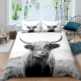 Bettwäsche Set 200x200 cm Kuh Motiv Grau Weiß Mikrofaser 3-teilig