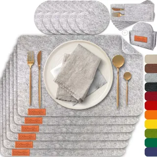 MAHEWA® 6er Set Premium Tischset Platzset aus Filz rutschfest Ab-waschbar und Waschmaschinenfest Eckige Platzdeckchen (Hellgrau - Braun, 6er Set mit Zubehör)