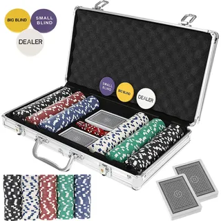 Texas Holdem Pokerset mit Pokerkoffer aus Aluminium Abschließbar 2 Kartendecks 300 Pokerchips 5 Würfel Spielset 23528